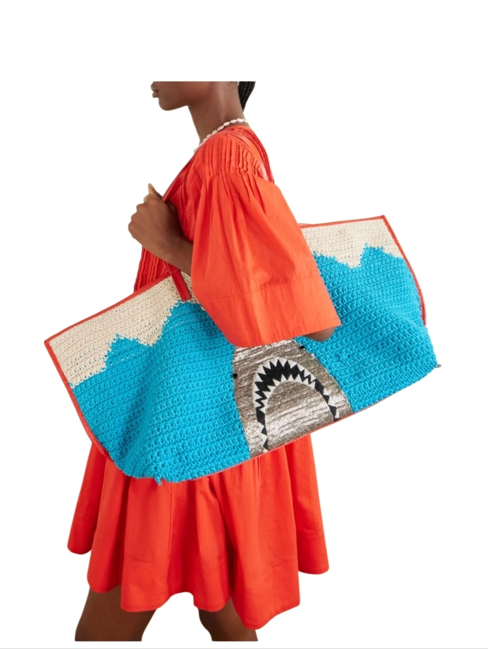 STAUD X large Bag Crochet Leather Shark Embroidered Tote Turquoise Cream Purse - Picture 3 of 12